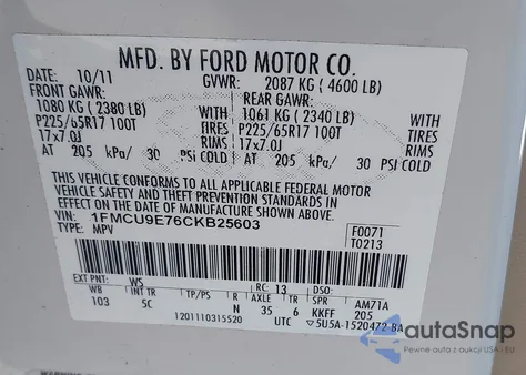 2012 Ford Escape Limited z USA, uszkodzony, nr VIN 1FMCU9E76CKB25603